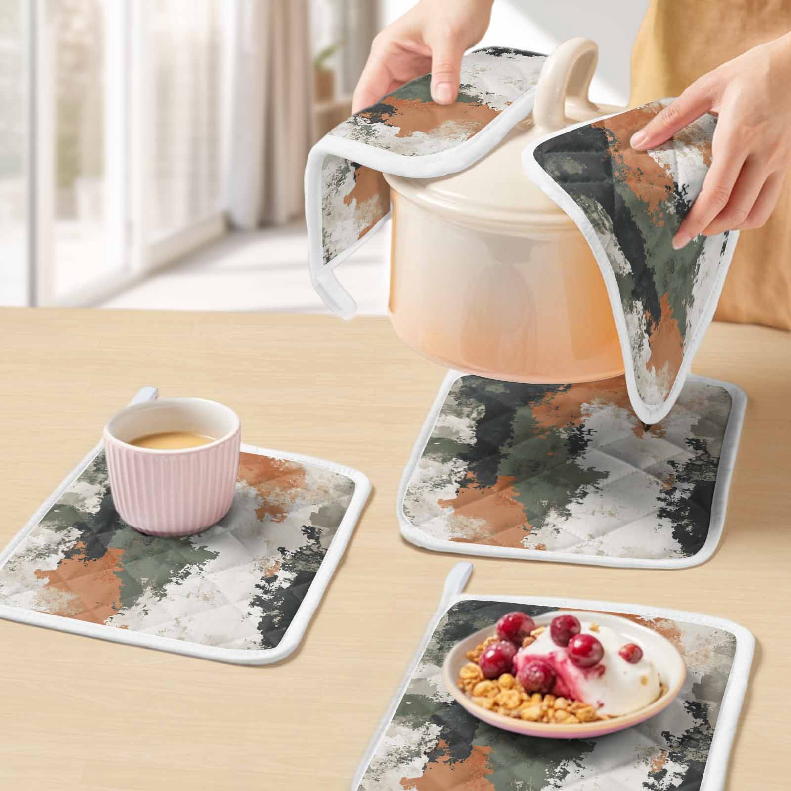 Vintage Sage Green Orange Pot Holders for Kitchen Heatproof Potholder, 3 Pack Modern Abstract Art Hot Pads Multipurpose Oven Pads Cloth Potholders Trivet for Cooking Baking
