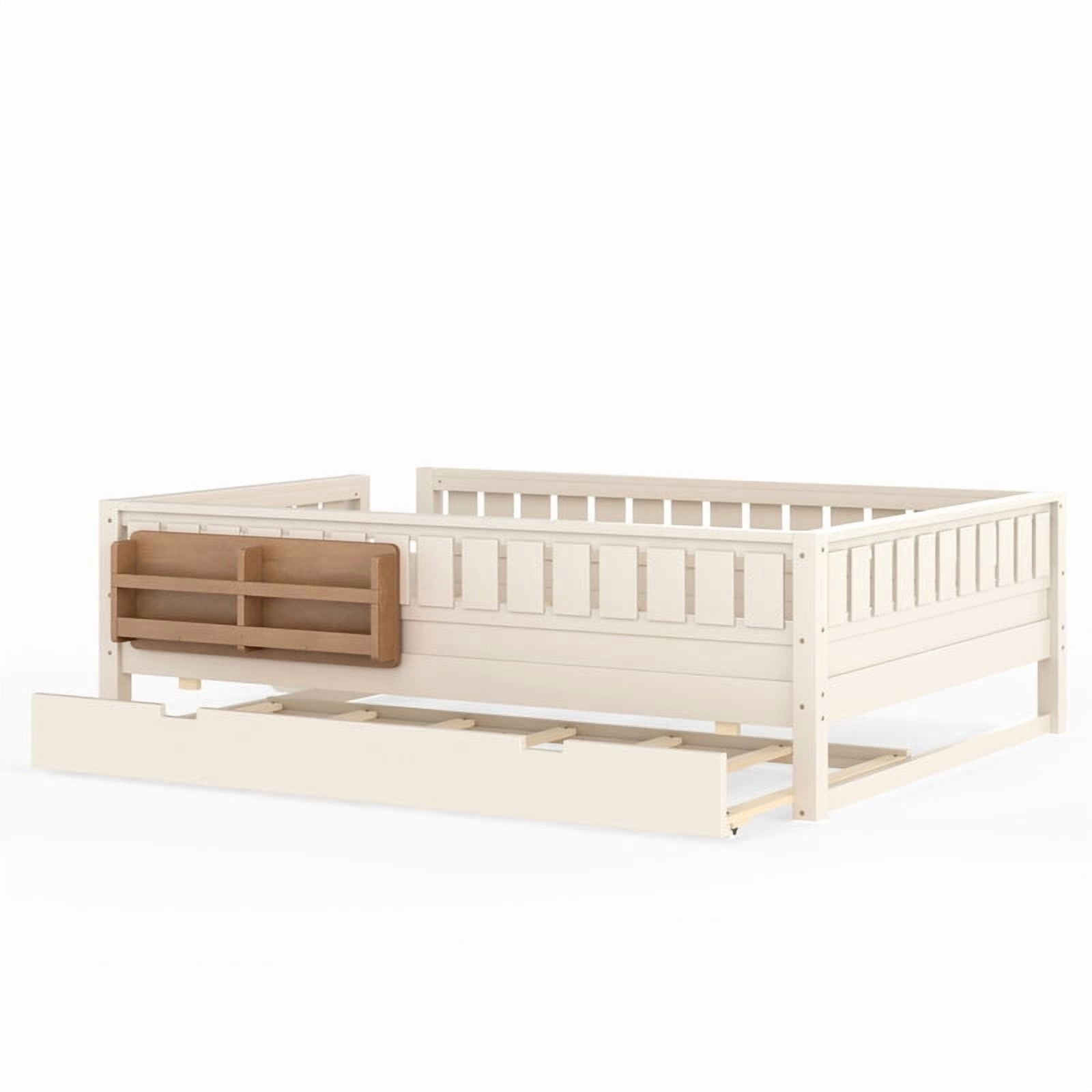 Queen Size Low-Profile Kid's Platform Bed with Built-in Bookshelves & Small Staircase, Wooden Bed Frame with Safety Rails & Trundle