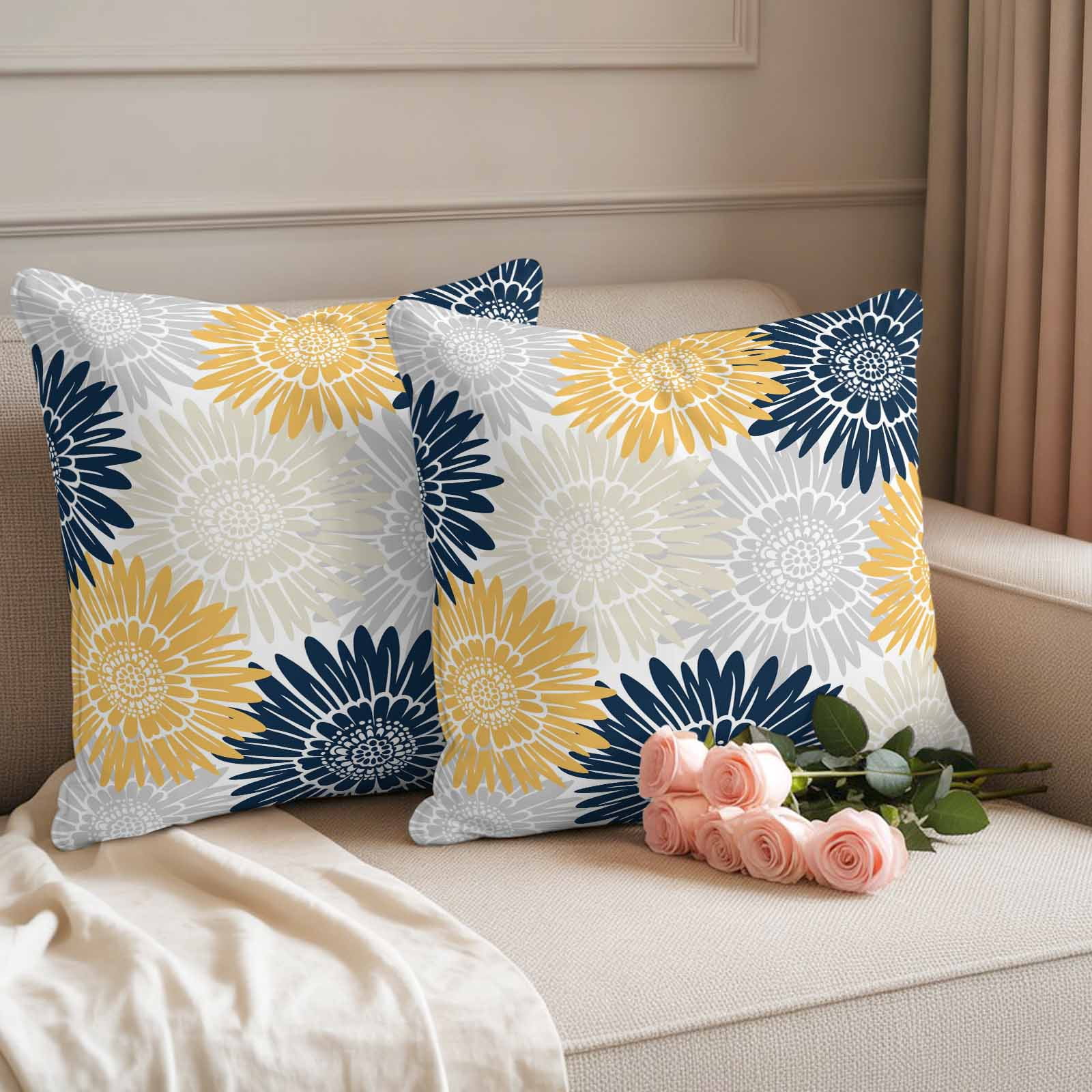 Yellow Grey Sunflowers Outdoor Waterproof Throw Pillow Covers 24x24 Set of 2, Boho Vintage Floral Rustic Blossom Pillowcases Cushion Pillowcase for Couch Sofa Patio Outside Pillow Protector