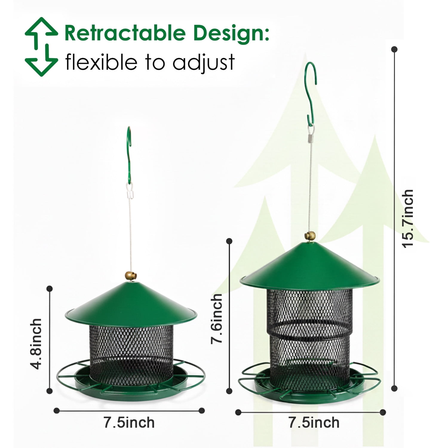 Anpro Metal Bird Feeder for Outside Hanging, Retractable Squirrel Proof 5lb Capacity Bird Feeders, for Outdoors Hanging Garden Yard, Green