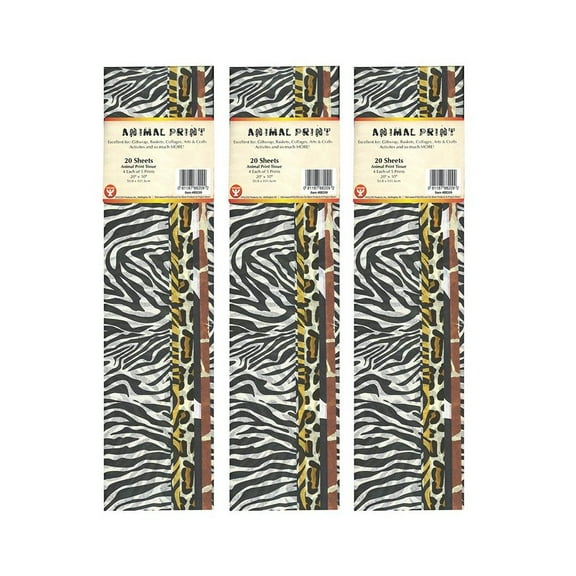 Hygloss Tissue Paper Animal Print Assortment 20" x 30" 20 Sheets/Pack 3 Packs (HYG88209-3)