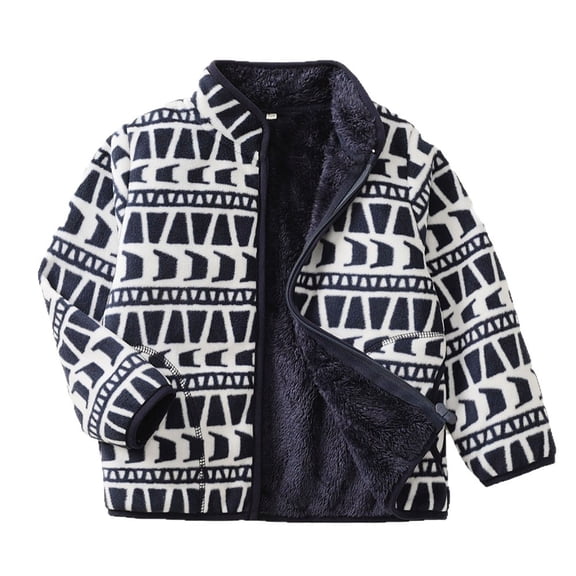 Playtopia Boys Fleece Jacket Geometric Trapezoid Print Full‑Zip Fall Jacket Sherpa Lined Youth Outerwear with Side Pockets 1Pc Size 140