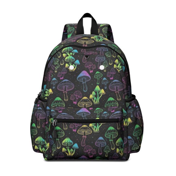 Mushroom and Rainbow Black Pattern Backpack for School, Cute School Bag with Adjustable Shoulder Straps and Padded Back, 13.4"x11"x4.7"