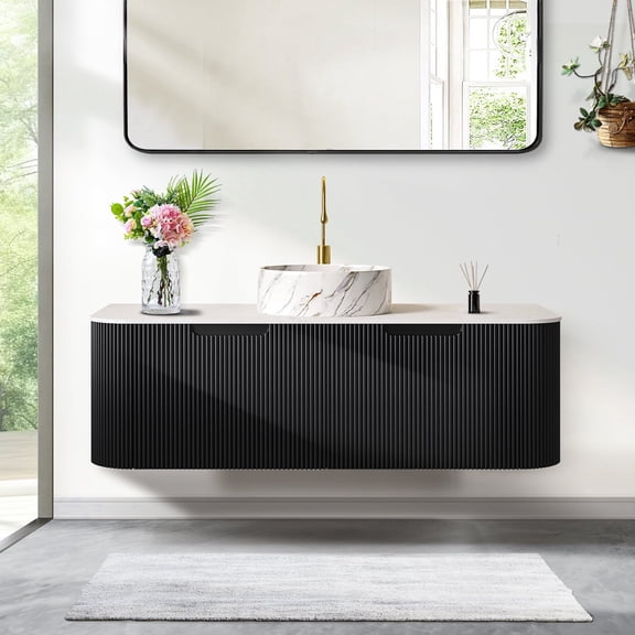 48" Curved Edges Striped Bathroom Vanity with Sink, Floating Plywood Cabinet with 2 Large Drawer, Ceramic Vessel Basin & Artificial Marble Top - Black Color Pre-assembled Vanity