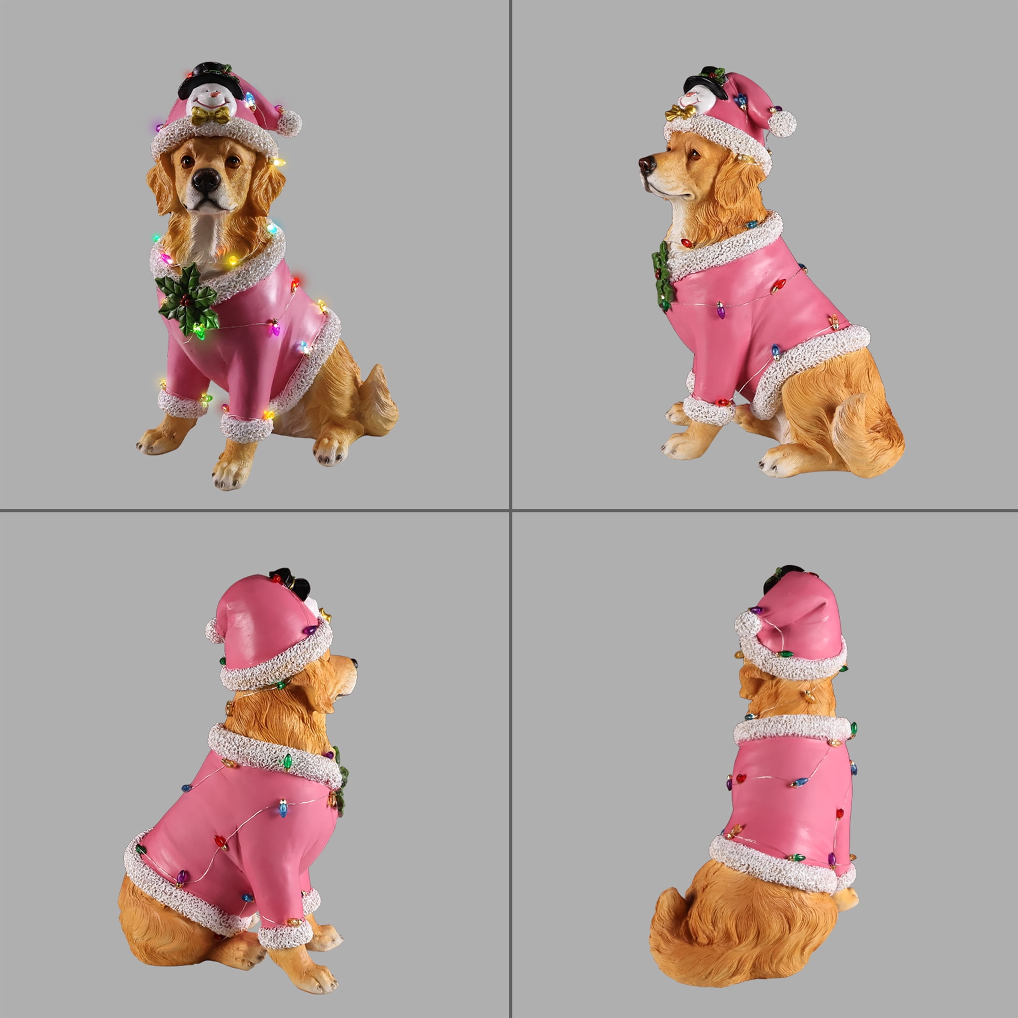 Golden Retriever Pink Santa Outfit Christmas Dog Statue with Santa Hat Holiday Tabletop Decor