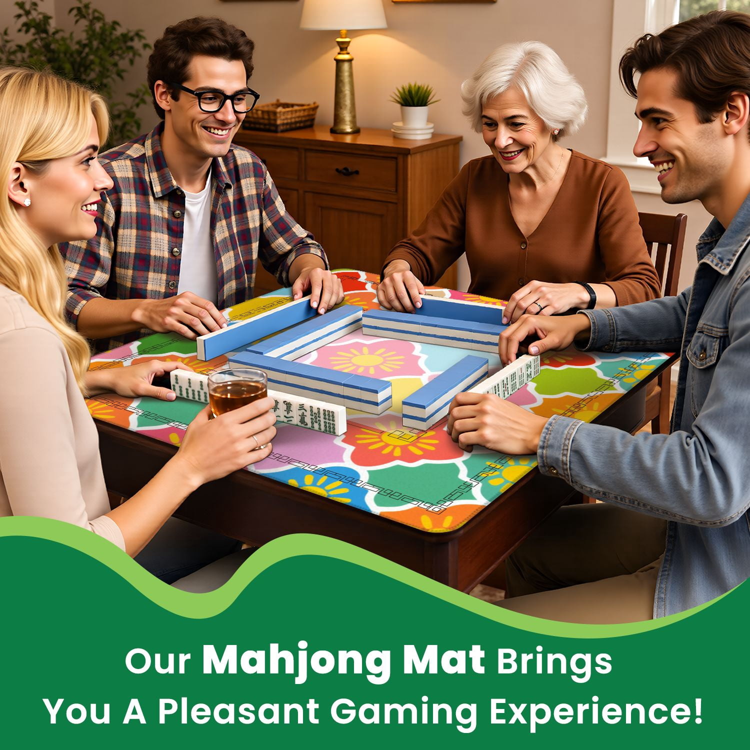 Mahjong Mat 31.5" x 31.5" Colorful Geometric Floral Sun Motifs Vibrant Palette Non-Slip Noise Reduction American Mahjong Tiles Table Cover for Dominoes Poker Card Board Games Gift