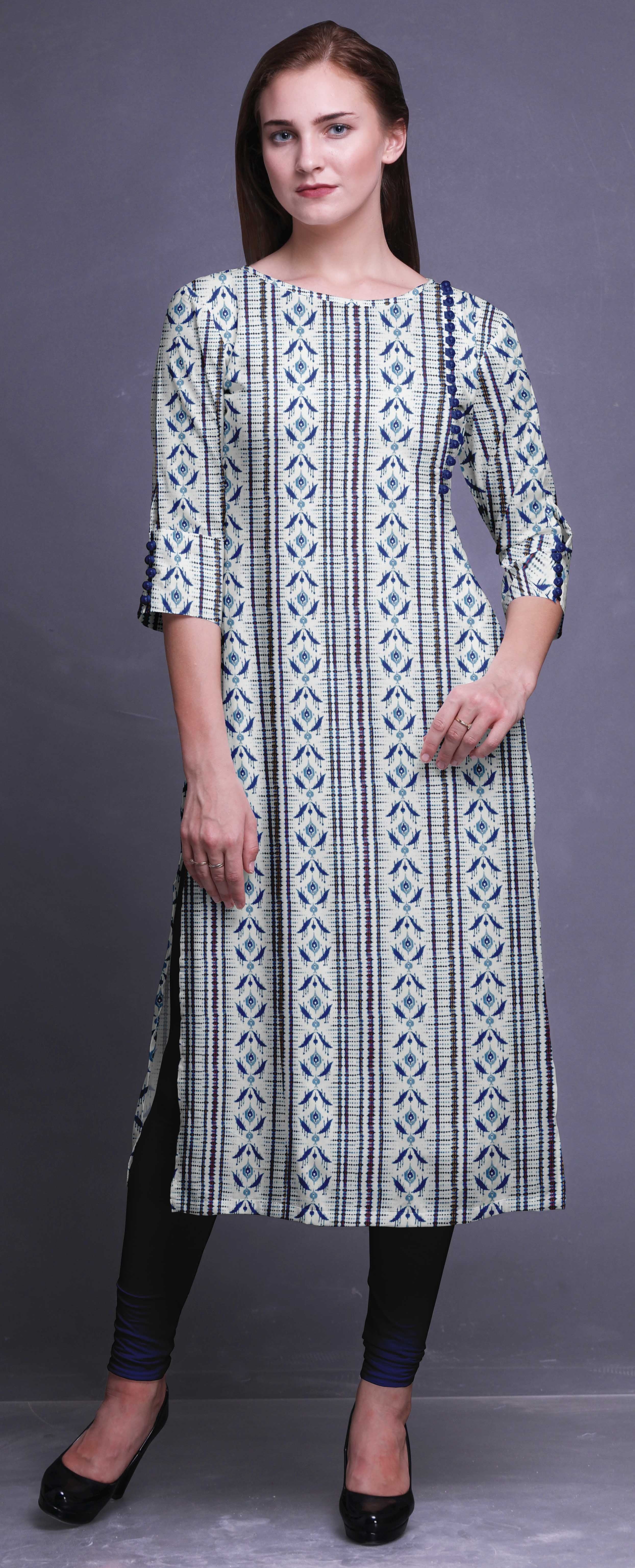 Women's Printed Cotton Kurta Tunic - 3/4 Sleeve Ethnic Blouse, 40" Length