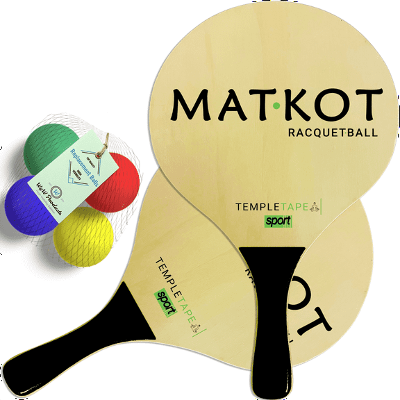 Temple Tape Kadima Beach Paddle Ball Racket Set - Bundle Pack with 4 Balls & 2 Paddles - Natural