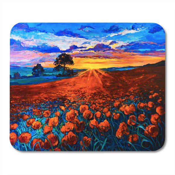 POGLIP Original Oil Painting on Canvas Poppy Field Sunset Fine Modern Mousepad Mouse Pad Mouse Mat 9x10 inch