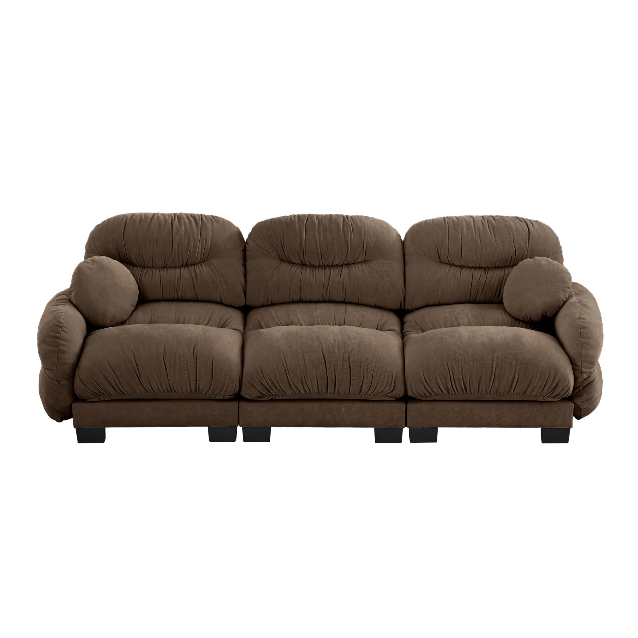 Noble House Corlan Pleated Chenille 3-Seater Sectional Sofa, Modular Deep Seat Couch with Throw Pillows, Brown