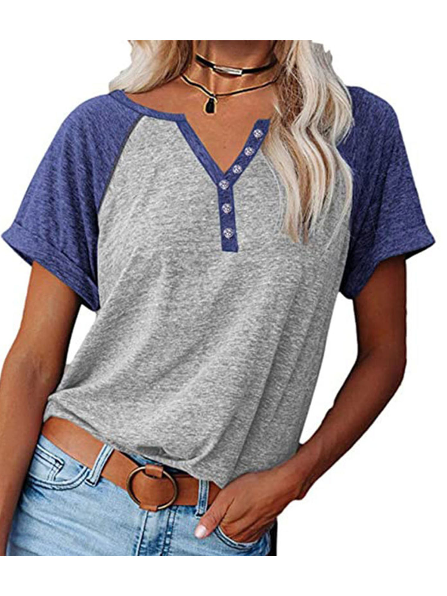 Women Ladies Casual Tops Short Sleeve Color Block T-shirt V Neck Tunic Blouse Tee Ladies Stylish Sport Athletic Tops - image 1 of 3