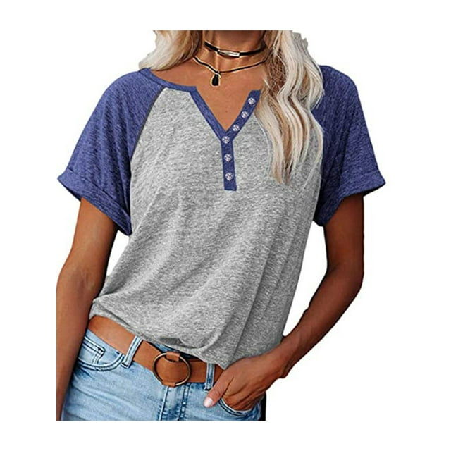 Women Ladies Casual Tops Short Sleeve Color Block T-shirt V Neck Tunic Blouse Tee Ladies Stylish Sport Athletic Tops