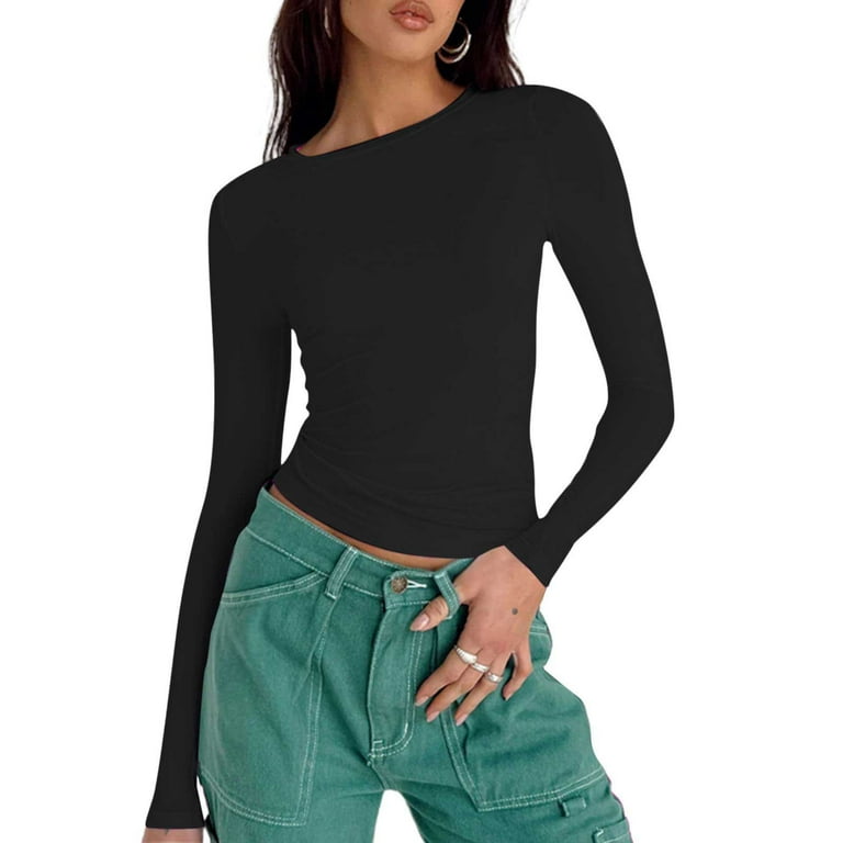 BUIgtTklOP Womens Long Sleeve Shirts Basic Crop Tops Fall Fashion Layering  Workout Slim Fitted Y2k Tops 