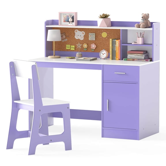 Infans Kids Study Desk and Chair Set Wooden Children Writing Table w/ Shelves & Drawer