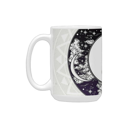 

Mystic House Decor Yin-Yang Symbol with Round Pattern Represents the Universe Ethnic Boho Decor Blac Ceramic Mug (15 OZ) (Made In USA)