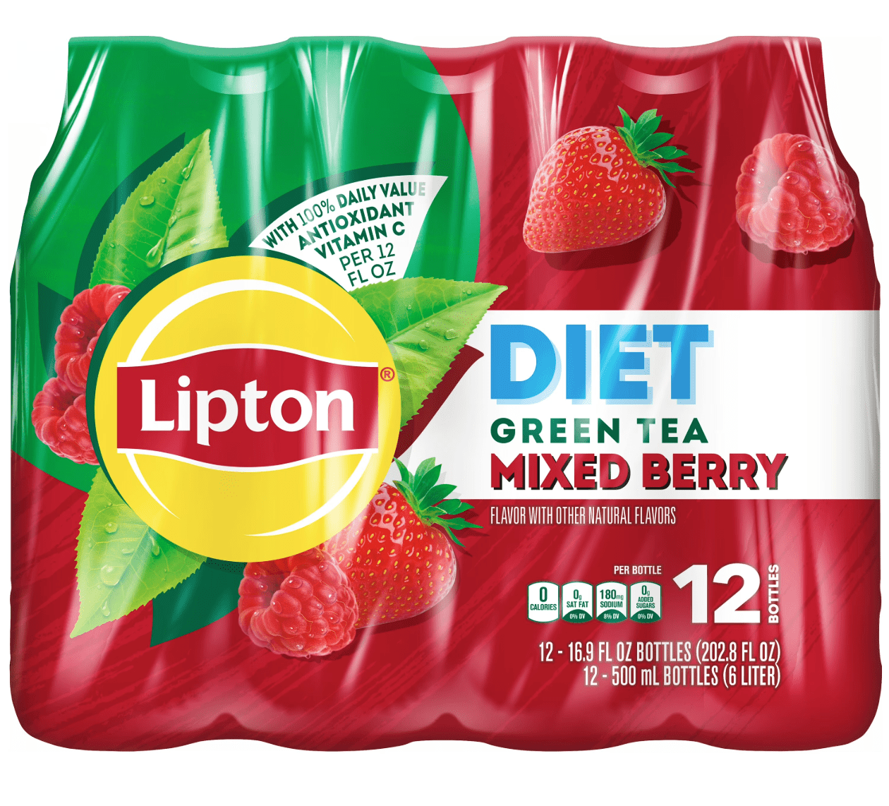 (2 pack) Lipton Green Tea Mixed Berry Zero Sugar Iced Tea, 16.9 fl oz, 12 Pack Bottles​