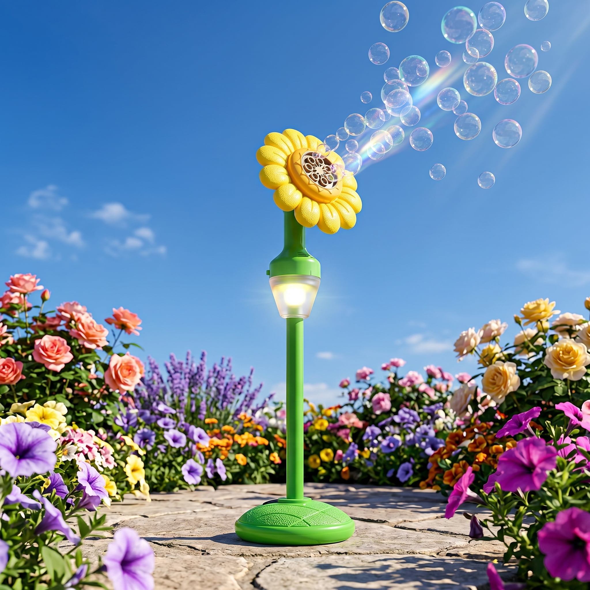 Sunflower Bubble Machine with Lights and Music for Outdoor, Automatic Bubbles Toys for Kids Toddlers, Adjustable Height Bubbles Blower Maker for Wedding Birthday Party Christmas
