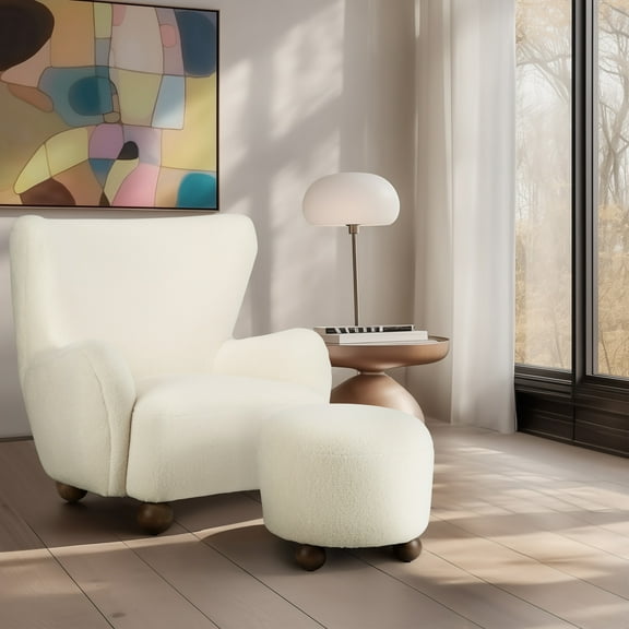 Decorative Round Ottoman with Ball Feet for Living Room - Home Decor Accent for Office, Entryway, and Foot Rest Stool - Vanity Chair for Bedroom or Reading Nook Decor - 17", Ivory & Tan