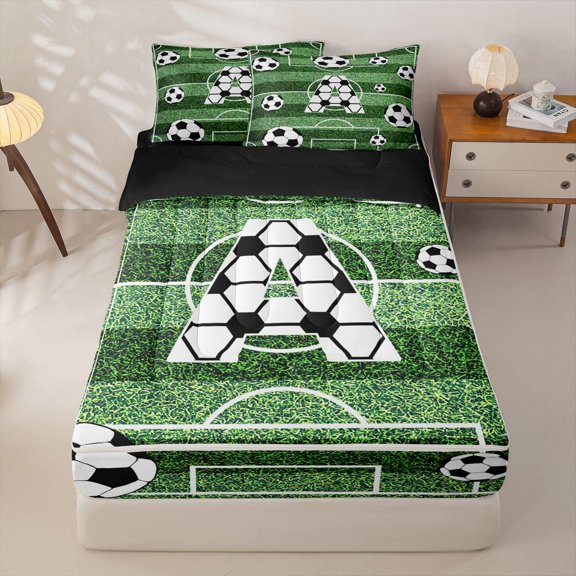 Homewish Letter A Monogrammed Zipper Twin Comforter Sets with Fitted Sheet and 2 Pillowcases,Green White Black Zipper Bedding Set For Soccer Lovers,Black Reversible,4-Piece