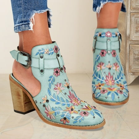

Women‘s Embroidered & Studded Decor Chunky Heeled Boots Slingback Faux Leather Ankle Boots Women‘s Footwear