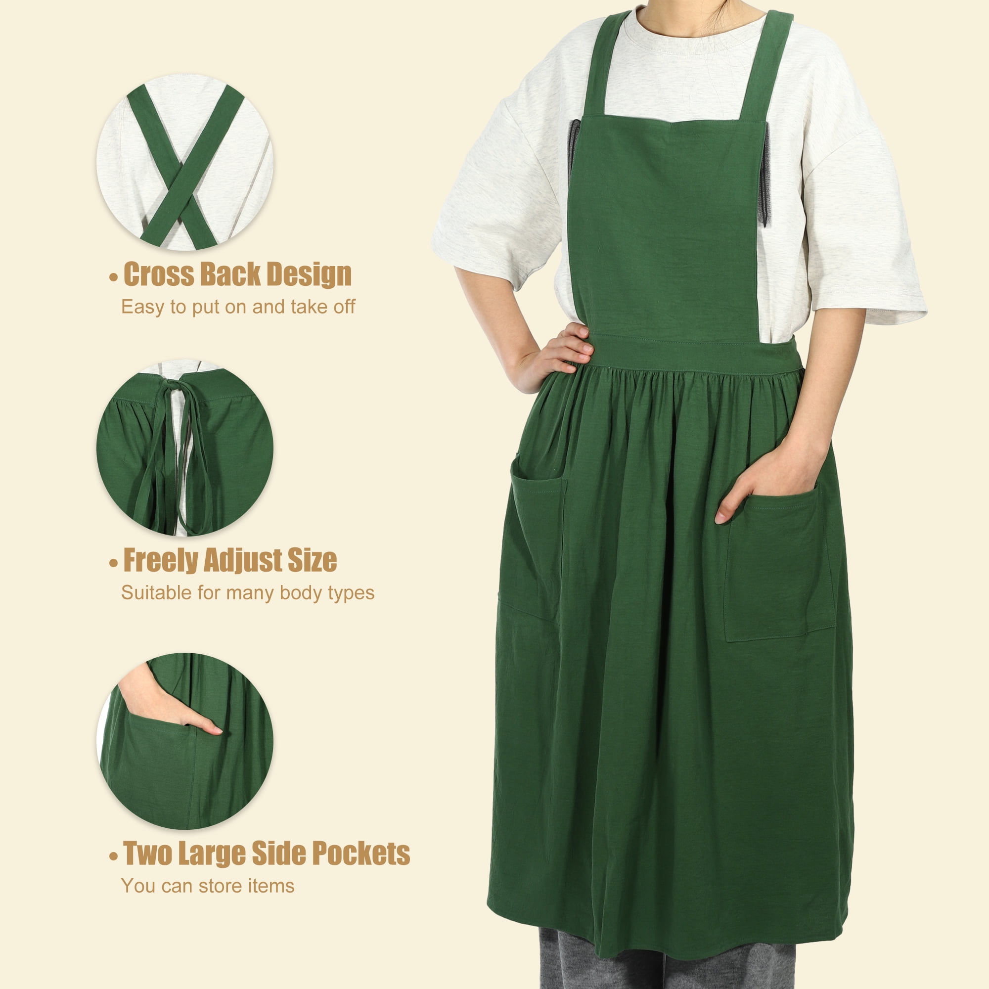 Unique Bargains Cotton Linen Cross Back Apron with Pockets Green