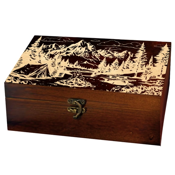 1 Pc Wooden Keepsake Storage Box Mountain Camping Tents Forests Pattern Rectangle Pine Tarot Card Memory Box DIY