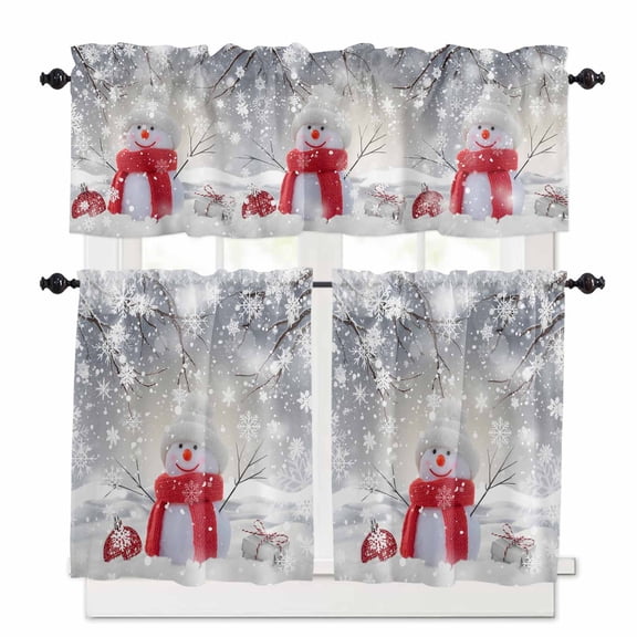 Christmas Kitchen Curtains and Valances Set, Cute Red Snowman Pine Branches Winter Snowfall Rod Pocket Window Valance Window Curtain Panels for Living Room Bedroom Laundry, 27.5x24in, 3 Pieces