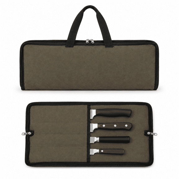 Fixdono Chef Knife Roll Bag, 4-Slot Waterproof Waxed Canvas Knife Case with Handle for Travel, Culinary School, Camping and BBQ, Army Green