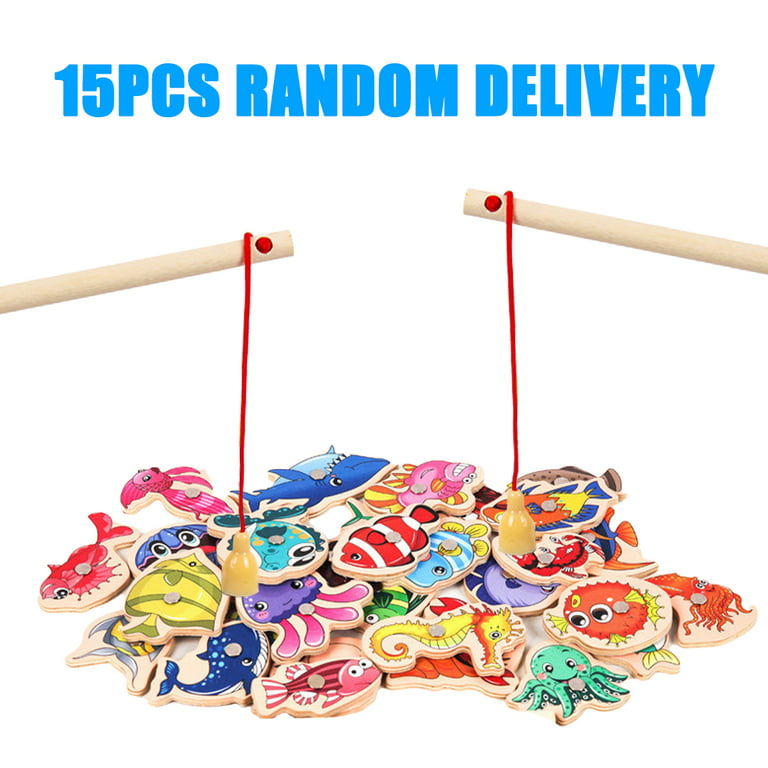 Relax Love Magnetic Fishing Game,15pcs Wooden Fish Rod Parent-child Creative Interactive Toy for Kids Gift