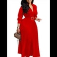 thumbnail image 2 of Vestido Plisado para Mujer, Cuello en V, Larga, Corte A, para Iglesia, Trabajo Formal, Negocios, con Cinturón Rojo M, 2 of 10