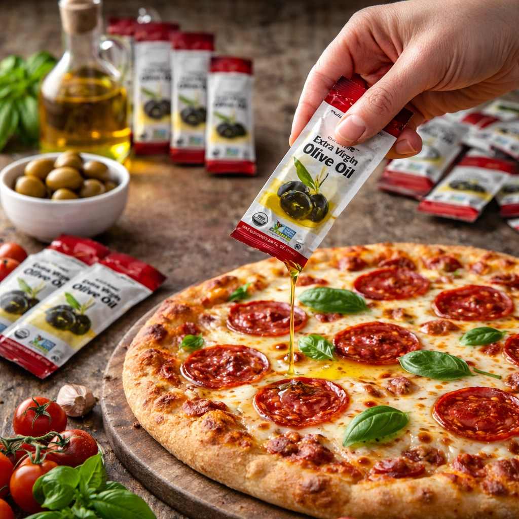 Organic Extra Virgin Olive Oil Packets – 15 Count | Single Serve Portion Control | .375 fl oz Each | Restaurant & Takeout Use