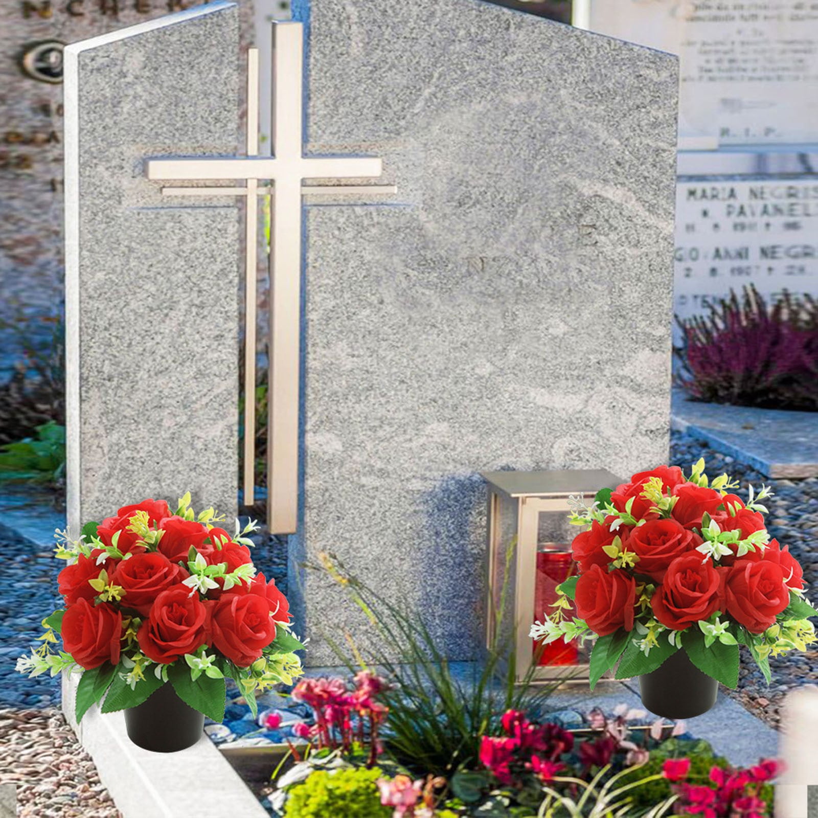 Artificial Cemetery Flowers - 2PCS Memorial Rose Bouquets with Vase - Silk Grave Flowers for Headstones - Outdoor UV Resistant Grave Decorations - Red Rose Arrangements