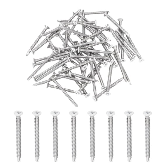 Uxcell 60Pcs M4.2x50mm White Flat Head Self Tapping Screws for Metal, Silver