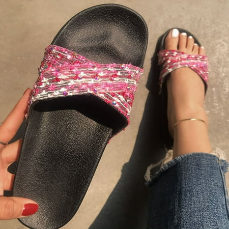 

PhoneSoap Women s Summer Fashion Cross Rainbow Comfortable Casual Sandals Flat Slippers Hot Pink