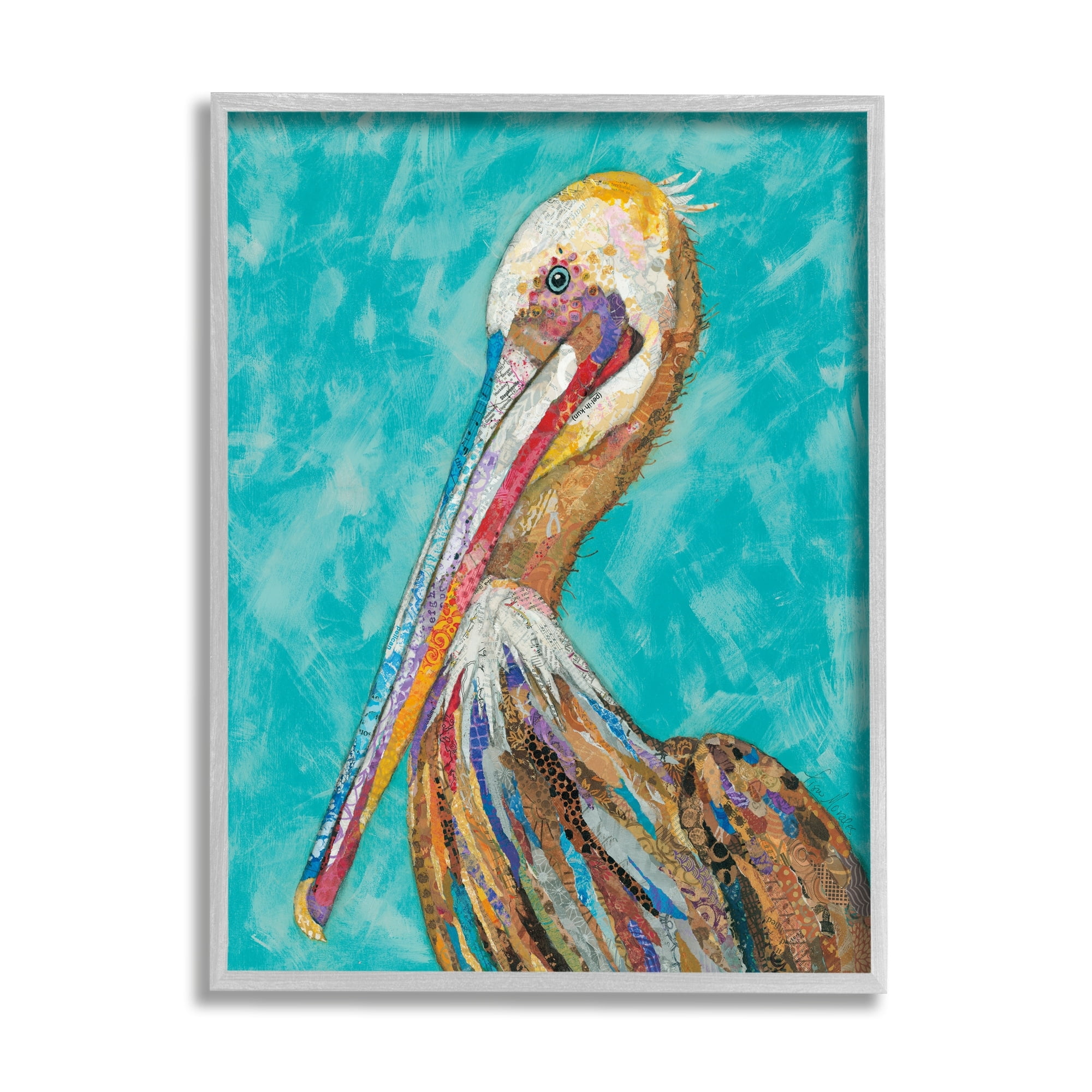 Stupell Industries Bold Pelican Bird Varied Collage Pattern Stripes Painting Gray Framed Art Print Wall Art, Design by Lisa Morales