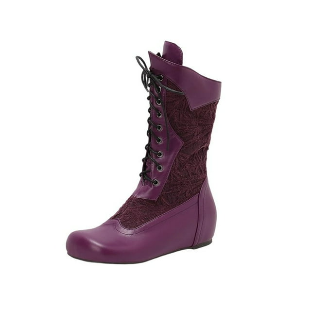 Purple Womens Knee-Length Boots With Lace-Up Front And Flat Sole For Winter Comfort And Style