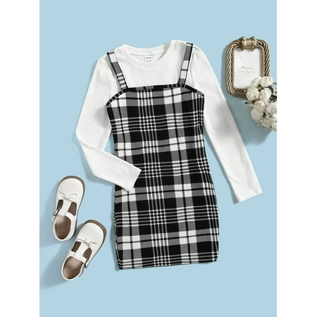 

Long Sleeve Girls Plaid Print Cami Dress Skirts Tees T Shirts S221905X Black and White 9Y(53IN)