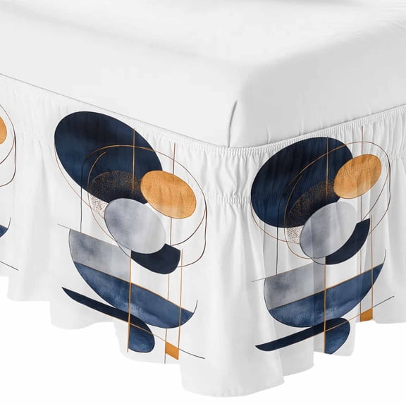 Queen Bed Skirt 16 Inch Drop, Mid Century Abstract Geometric Easy Fit Wrap Around Ruffle Bedding, Color Block Minimalist Style Bed Skirts with Adjustable Elastic Belt