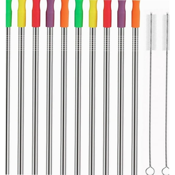 Stainless Steel Metal Straws with Silicone Tips Set of 10 Straight Reusable Drinking Straws for Yeti 20oz 30oz Tumblers (10.5'' L 0.24''Dia Straws 2 Brushes)