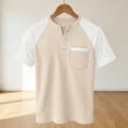 thumbnail image 5 of Men's Color Block Raglan Shirt, Short Sleeve Button Down Shirt, Round Neck, Polyester Rayon Cotton Spandex Blend, Casual Daily Work Beach Vacation, Streetwear | Zenithor,Beige S, 5 of 8
