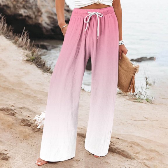 Aimik Women's Summer Straight-Leg Gradient Color Plus-Size Long Pants with Pockets and Drawstring Summer Casual Loose Pants