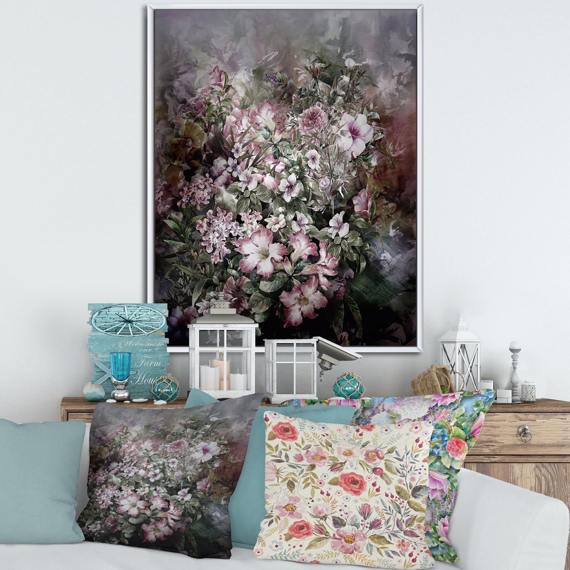 Designart 'Drawing of Flowers Retro IV' Vintage Framed Canvas Wall Art Print