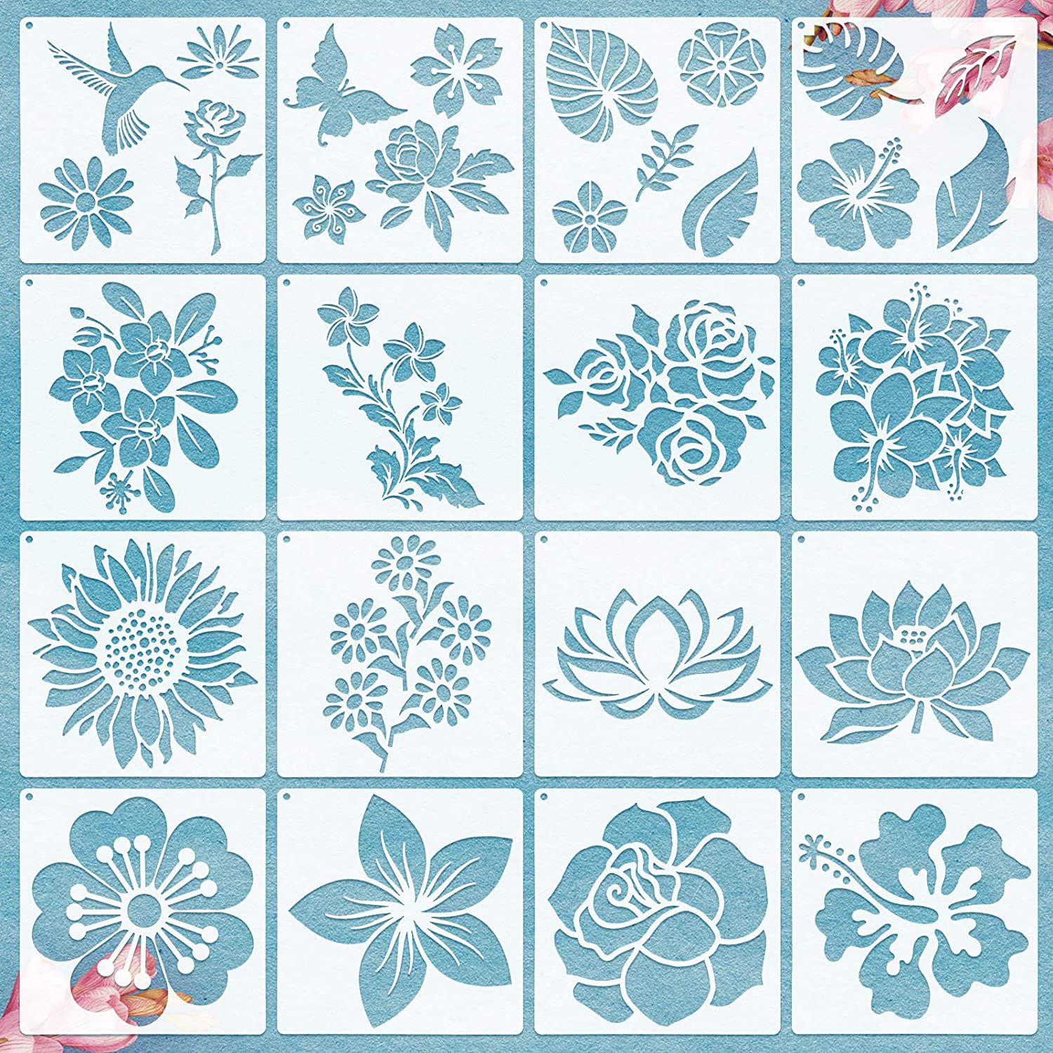 6 x 6 Inch 24 Pieces Flower Stencils Kit Rose Sunflower Floral Butterfly Bird Leaf Spring Summer Stencil Drawing Reusable Stencils Painting Template Stencil for Painting on Wood Wall Home Decor 