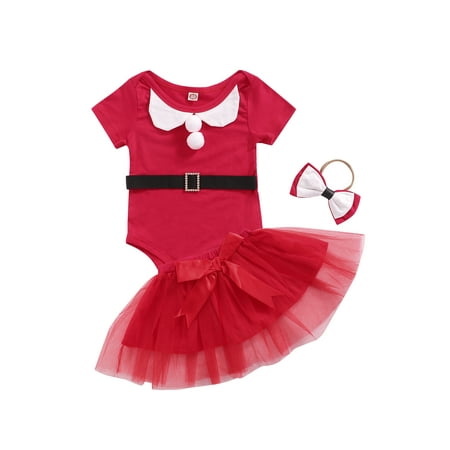 

Canrulo 3PCS Newborn Baby Girl Christmas Clothes Santa Claus Romper+Bow Tutu Dress+Headband Outfits Red 12-18 Months