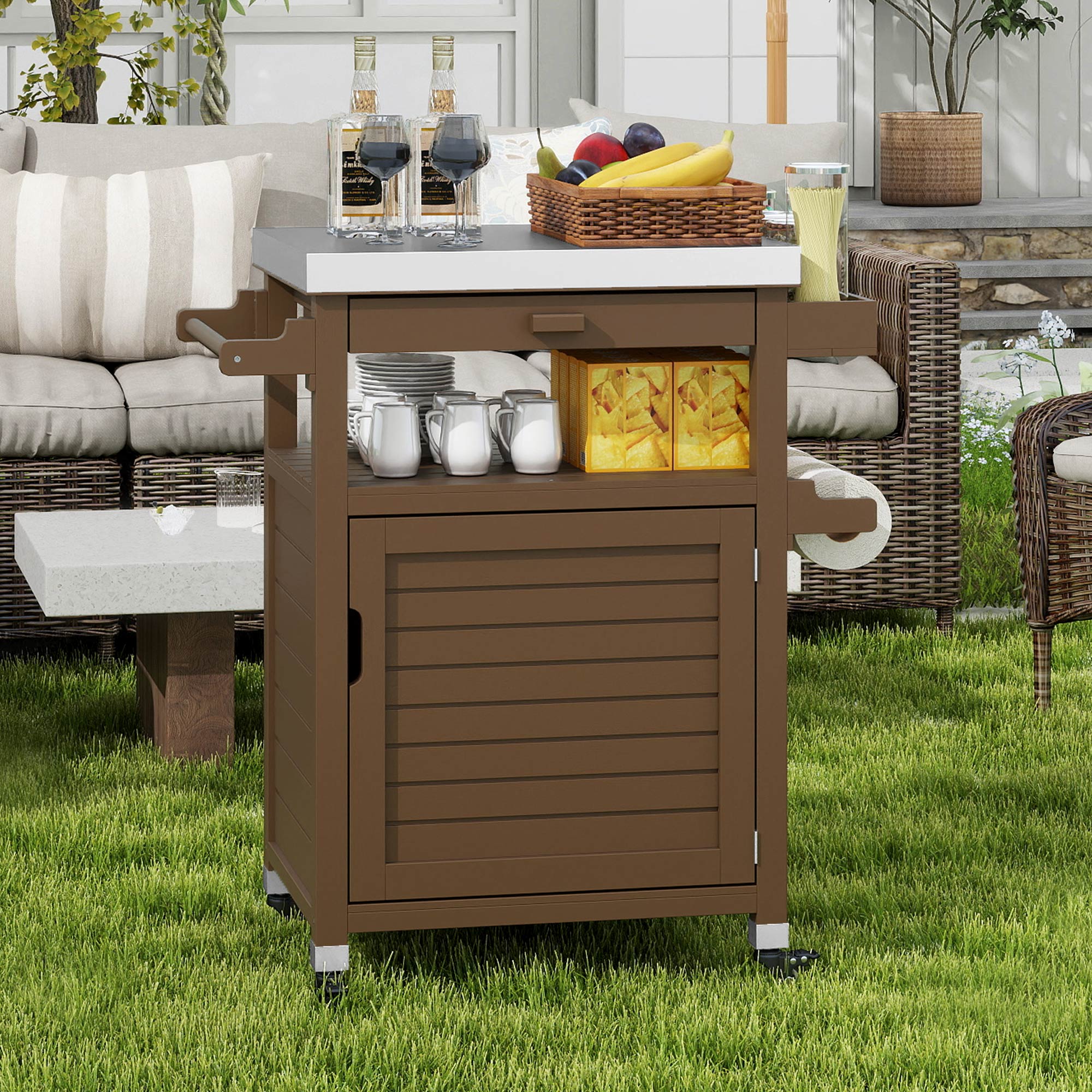 Uforic Wood Kitchen Storage Cart with Stainless Steel Top, Grill Cart for Outdoor & Indoor, Brown