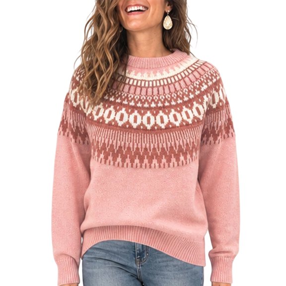 JUUNthy Sweater for Womens, Striped Knitted Crewneck Long Sleeve Fashion Fall Winter Clothes Tops Pink 5XL