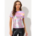 thumbnail image 4 of INSPIRE CHIC Women's Party Metallic Textured Short Sleeve Shiny Multi Color Top Shiny Pink S, 4 of 4