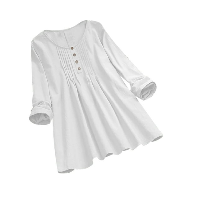IROINID Rabais T-Shirts à Manches Longues pour Femmes Couleur Unie Bouton T-shirt Blouse Col Rond Hauts de Détente, Blanc