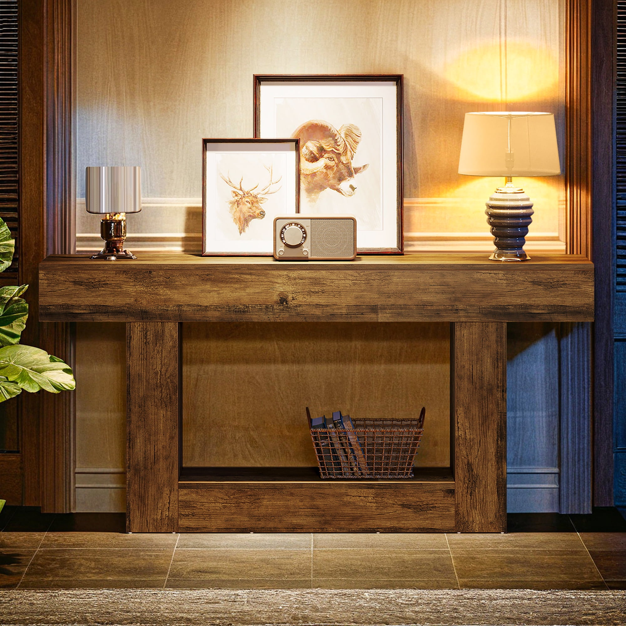 Demi Bonn 63" Wood Console Table, Farmhouse 2-Tier Sofa Table Entryway Table, Foyer Display Table, Brown