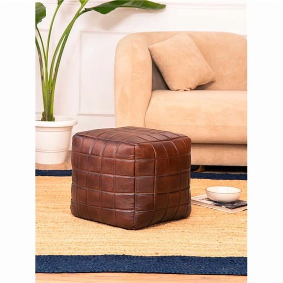 BBH Homes UBBBBACPF23SC04C4HS 16 x 16 x 16 in. Handmade Eco-Friendly Square Shaped Stuffed Goat Leather Pouf, Brown